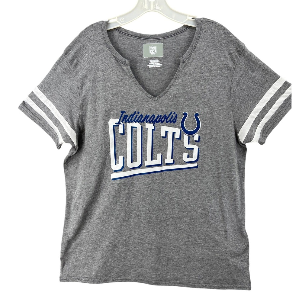 Indianapolis Colts T-Shirt Womens Sz XL NFL V Neck Gray White Blue Stripes